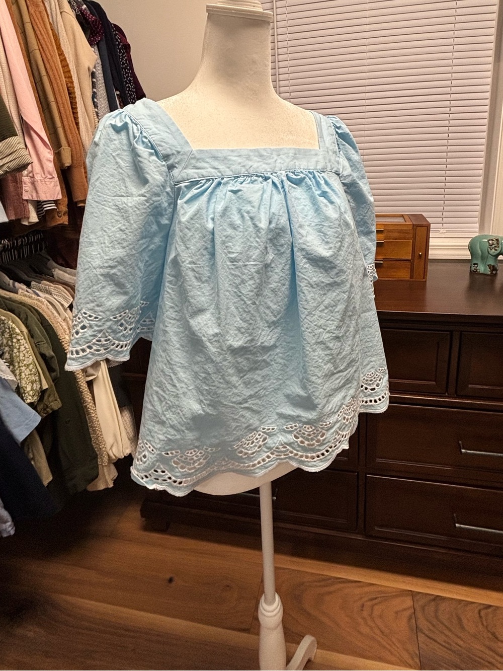 LC Lauren Conrad Light Blue Eyelet Square-Neck Puff Sleeve Top